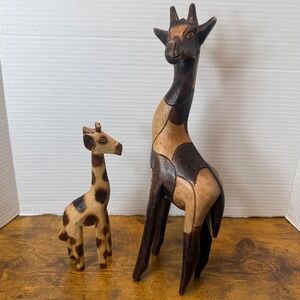 Giraffe Mother & Baby 2 Pc Hand Carved Wooden Figurines African Safari 13" & 8"